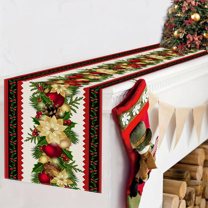 13" x 72" Festive Striped Table Runner - Vibrant Polyester Rectangular Cloth with Floral and Bell Design, Machine Washable, Fade Resistant, and Easy to Clean for Holiday Dining Decorations