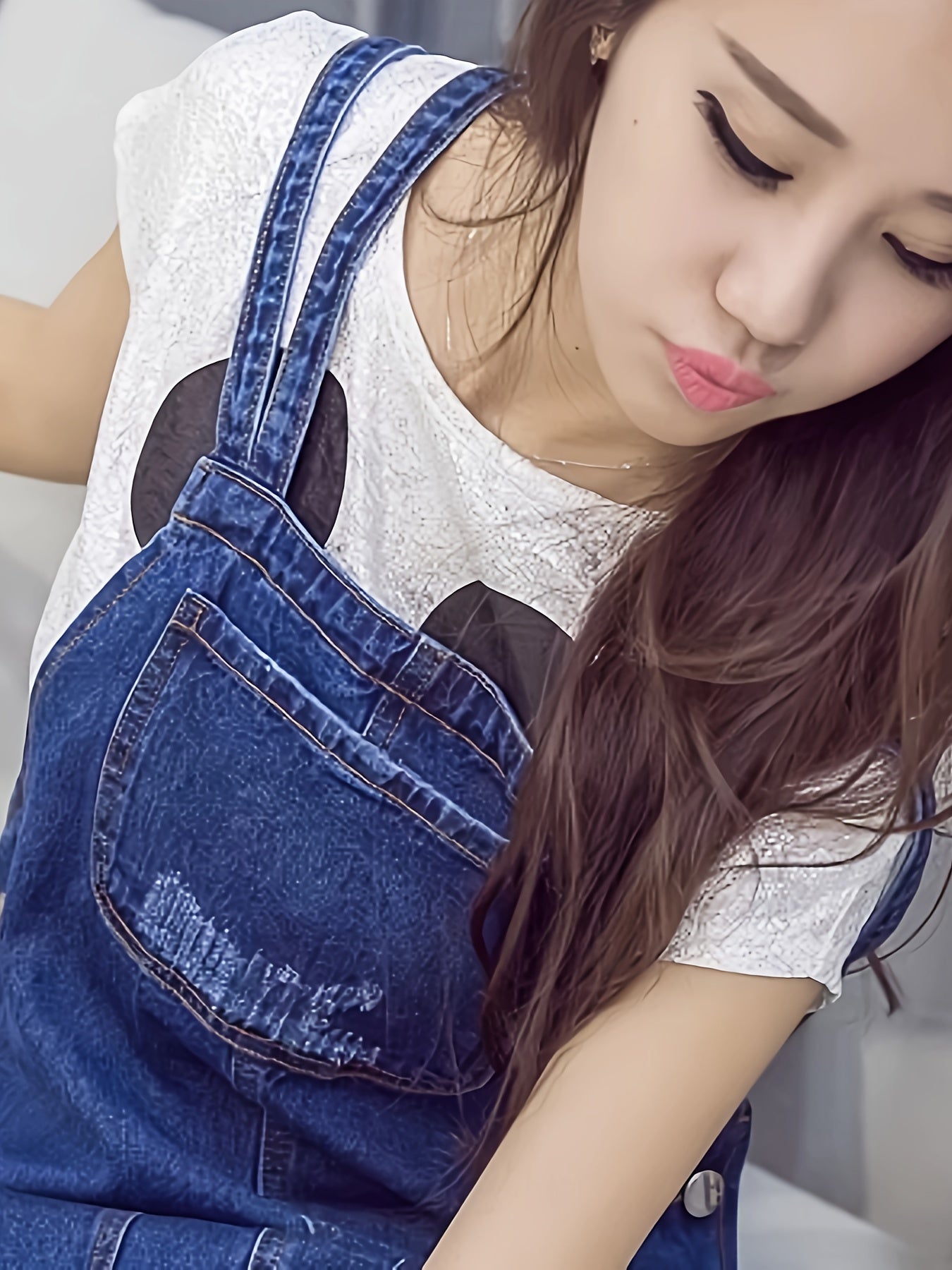 Ripped Denim Overall Dress with Patched Pockets - Trendy Washed Effect, Non-Stretch Casual Style - Perfect Womens Denim Clothing for Everyday Wear