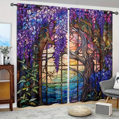 2pcs Stained Glass Flower Wisteria Printed Curtain For Home Decor Rod Pocket Window Treatment For Bedroom, Office, Kitchen, Living Room, And Study