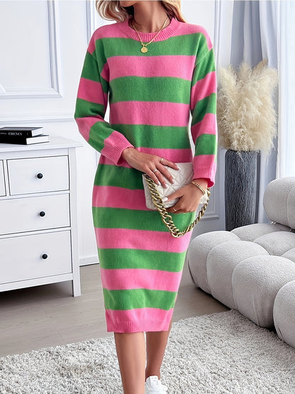 Cozy Stripe Pattern Long Sleeve Knit Dress - Soft Crew Neck, Split Hem, Loose Fit, Winter & Fall Essential - Women's Casual Clothing for Everyday Wear