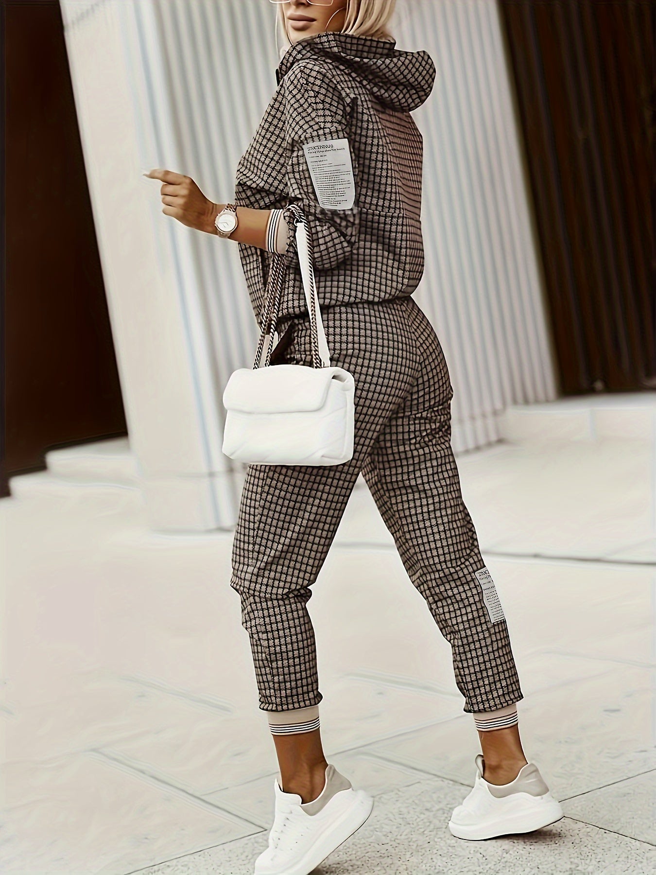 Trendy Plaid Two-Piece Set - Comfortable Zip Hoodie & Pants Outfit - Womens Casual Fashion Wardrobe Staple