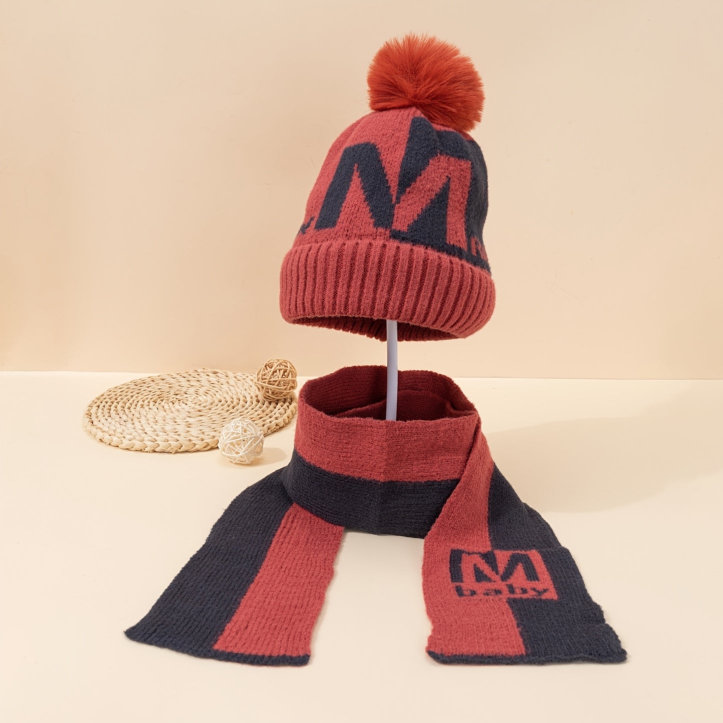 Children's Knitted Hat & Scarf Set "M" Letter Color Block Thickened Warm Winter Cap With Pom Pom For Girls And Boys
