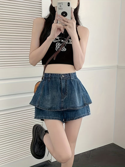 Vintage High Waist Flared Denim Skirted Shorts - Button Front, Slight Stretch, Brief Length, Solid Color, Machine Washable - Perfect for Spring, Summer, and Fall Seasons