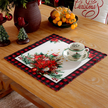 1pc Polyester Christmas Table Runner, Festive Poinsettia & Candle Print, Black & Red Plaid Border, Holiday Table Decor for Home, Family Gatherings, Outdoor Picnics, Kitchen Accessories, Garden Camping, Birthday, Vacation, Wedding Party