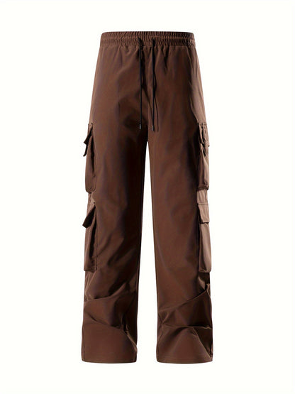 Mens Comfortable Loose Solid Cargo Pants - Multiple Spacious Pockets, Adjustable Casual Drawstring Waistband, Comfortable Loose Fit - Perfect for Outdoor Enthusiasts and Adventurers
