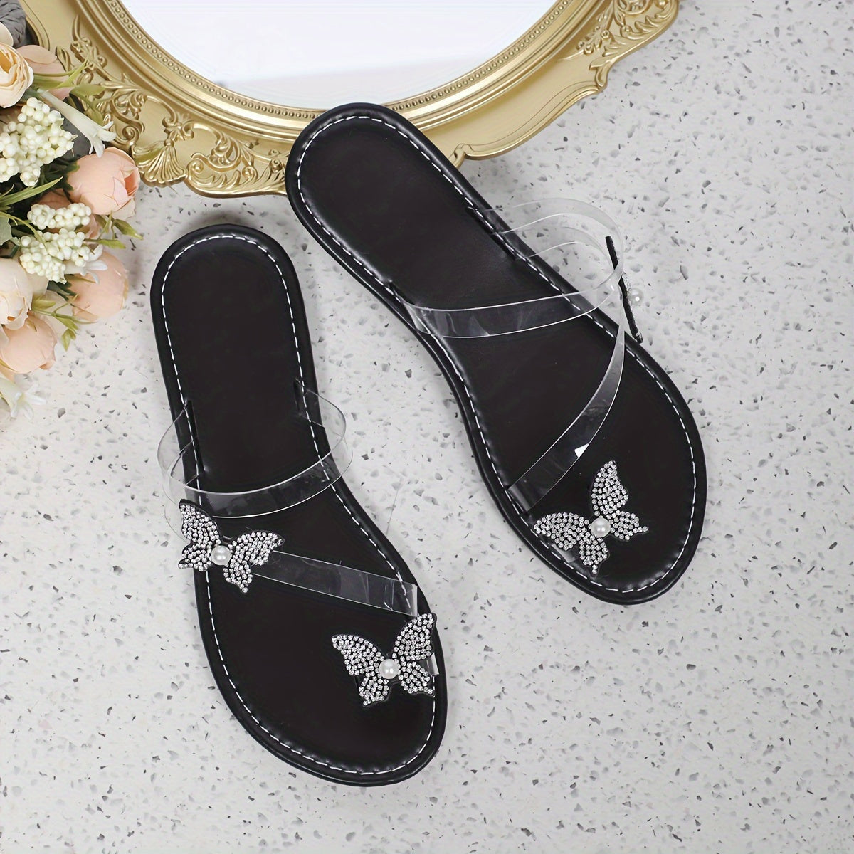 Stylish Butterfly Rhinestone Slides - Lightweight, Slip-On, Flat, Comfortable, Beach Vacation Essential - Perfect for Women of All Ages