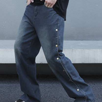 Men's Comfy Loose Fit Wide Leg Jeans - Stylish Fancy Button Detail, Soft Denim, Breathable, Street Style Fashion, Perfect for Casual Daily Wear