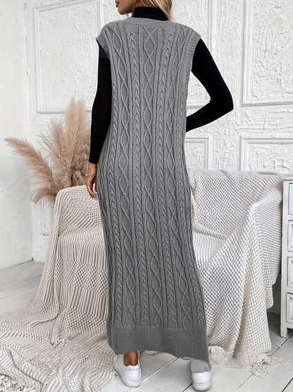 Cozy Cable Knit Sweater Dress - Elegant Sleeveless V-Neck Maxi Dress with Relaxed Fit, Soft and Warm Fabric, Perfect for Casual Daily Wear, Women's Clothing, No Belt Included