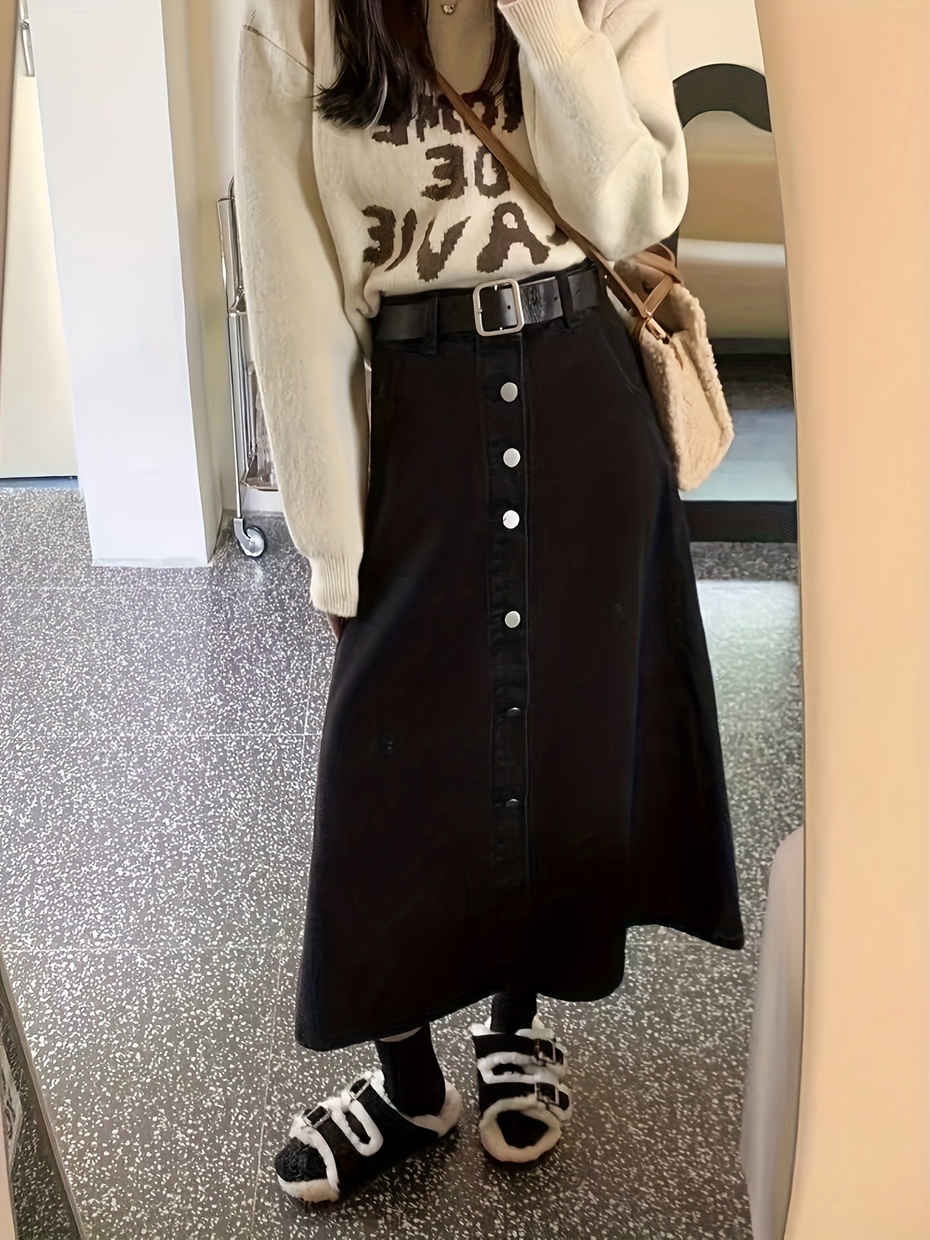 Chic Single-Breasted Denim Midi Skirt - Fashionable Button Detail, Non-Stretch, Casual Style - Womens Premium wardrobe Staple