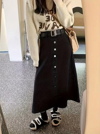 Chic Single-Breasted Denim Midi Skirt - Fashionable Button Detail, Non-Stretch, Casual Style - Womens Premium wardrobe Staple