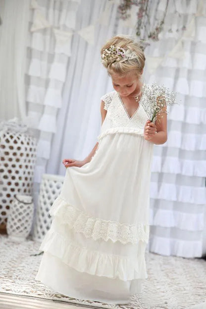 Romantic  New Arrival Boho Flower Girl Dresses for Wedding Cheap V Neck Chiffon Lace Tiered Formal Kids Wedding Dress Custom Made