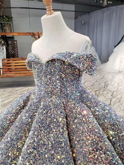 Luxury Silver Bling Sequin Girls Pageant Dresses Fluffy Off the Shoulder Ruched Flower Girl Dresses Ball Gowns Party Dresses for Girls