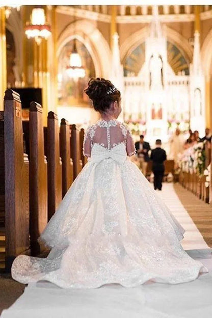 Adorable White Ball Gown Flower Girl Dresses Princess Sheer Long Sleeves Appliques Jewel Neck Toddler Birthday Party Gowns