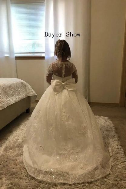 Adorable White Ball Gown Flower Girl Dresses Princess Sheer Long Sleeves Appliques Jewel Neck Toddler Birthday Party Gowns